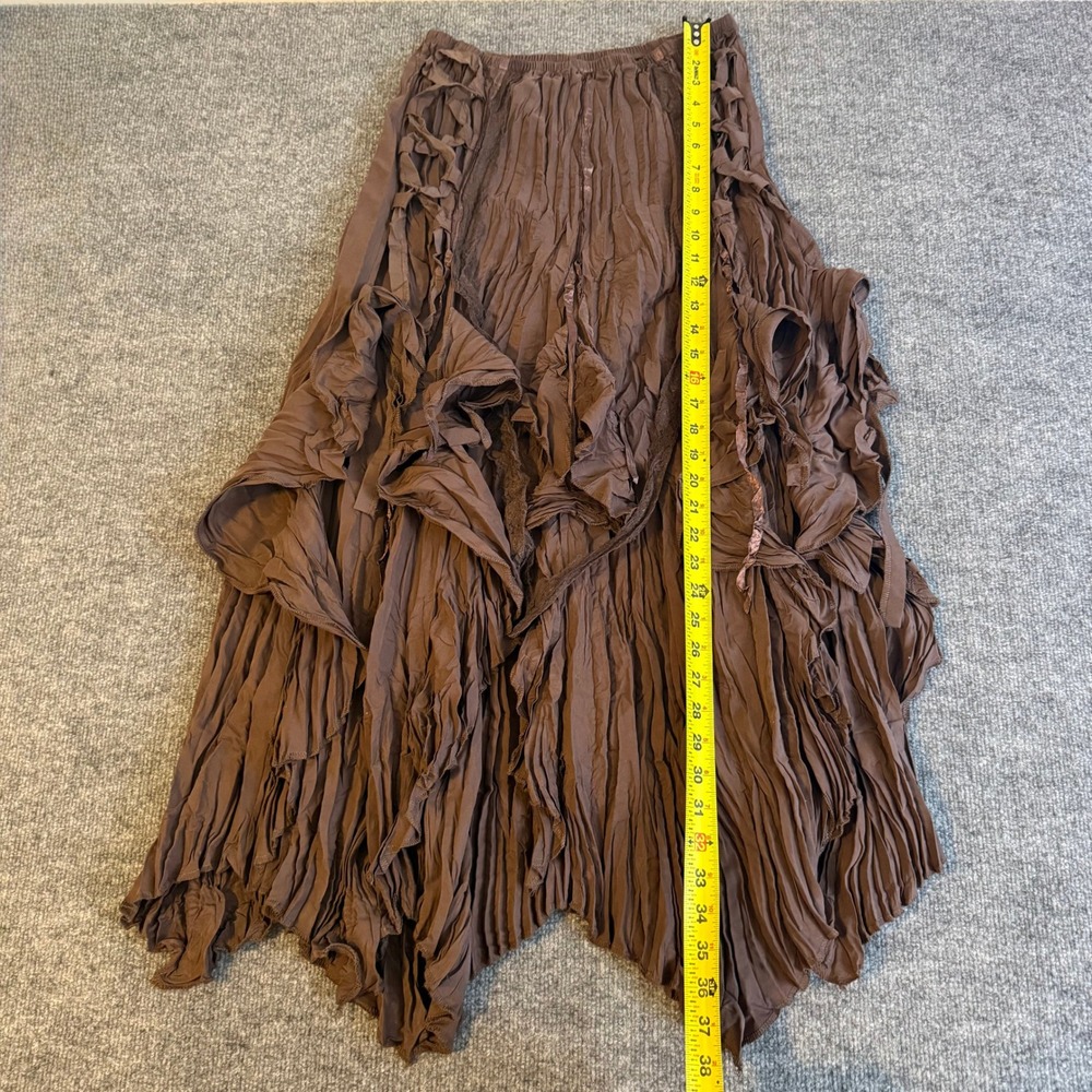 NWT Surrealist Brown Fairy Crinkle Ruffle Maxi Skirt Lace Up Ribbon Boho Whimsy - Picture 11 of 11